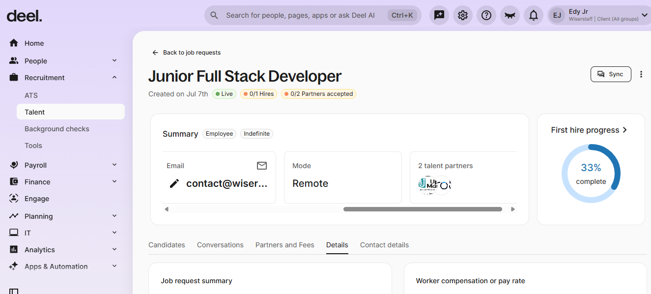 Deel job request for the tested 'Junior Full Stack Developer' role, marked Live and created on 7 July, showing 0/1 hires, 0/2 partners accepted, Remote mode, two talent partners engaged, and a 33% first-hire progress ring