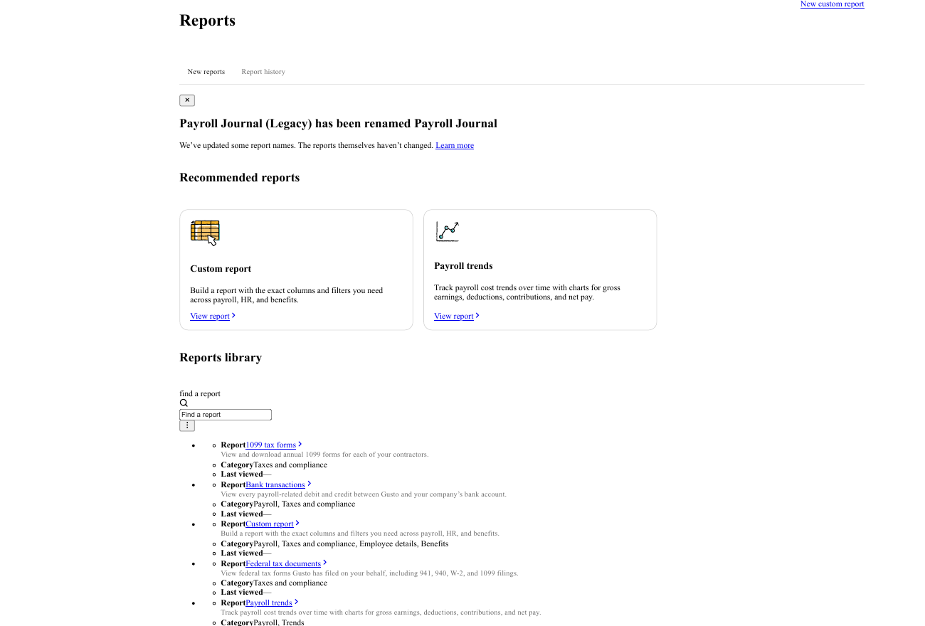 Gusto reports library showing recommended reports (custom report, payroll trends) and a list including 1099 tax forms, bank transactions, and federal tax documents covering 941, 940 and W-2 filings